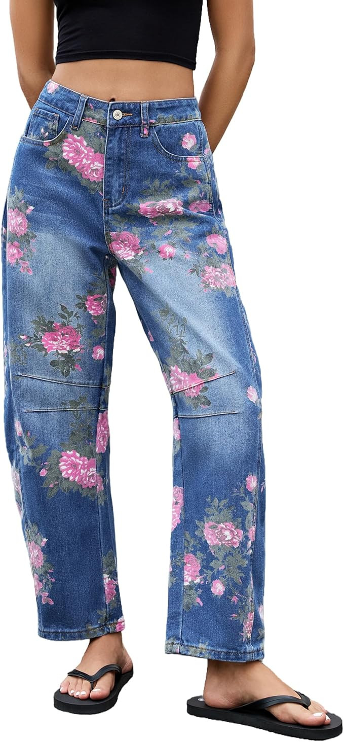 Kedera Women's Baggy Barrel Jeans Casual Boyfriend Mid Rise Leopard Printed Wide Leg Denim Ankle ... | Amazon (US)