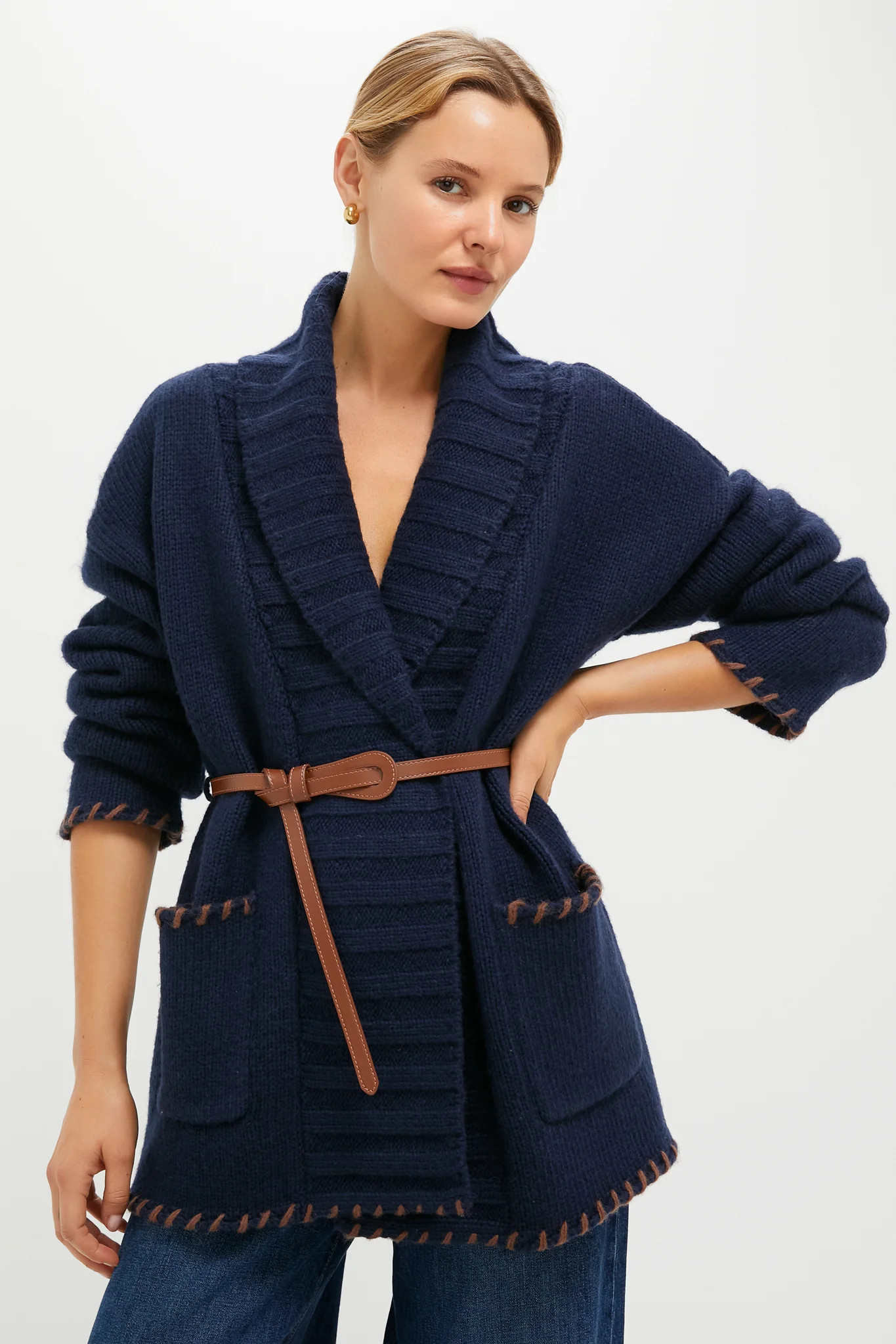 Navy and Brown Blanket Stitch Harrow Cardigan | Tuckernuck (US)