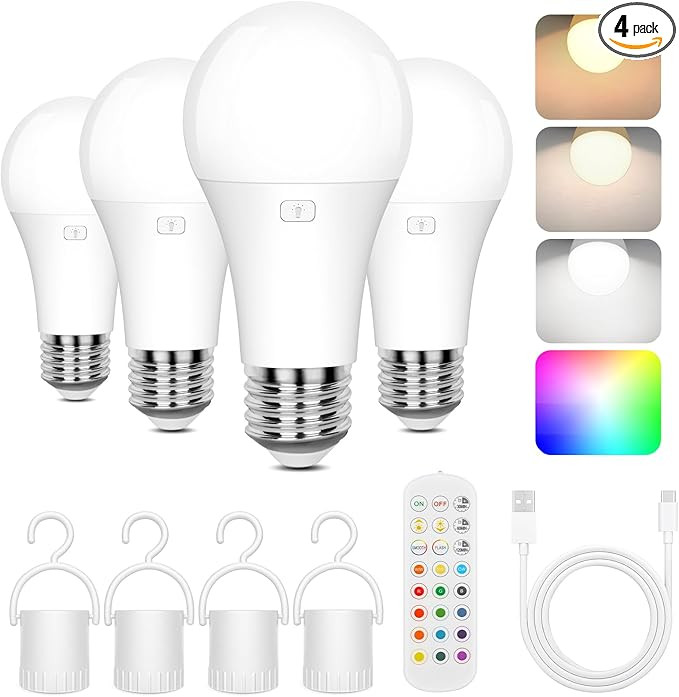 Rechargeable Battery Operated A19 Light Bulb with Remote Control 4 Packs, Dimmable Detachable LED... | Amazon (US)