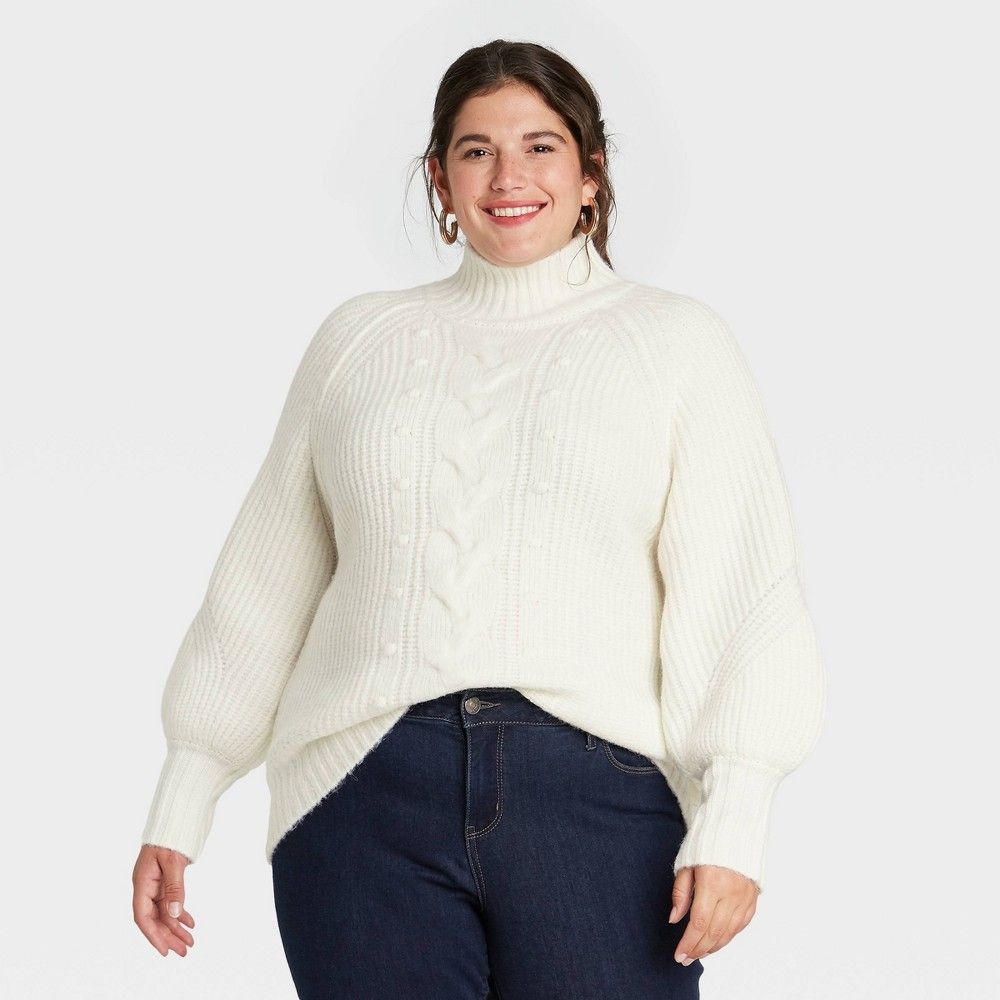 Women's Plus Size Turtleneck Pullover Sweater - Ava & Viv Off-White 4X | Target