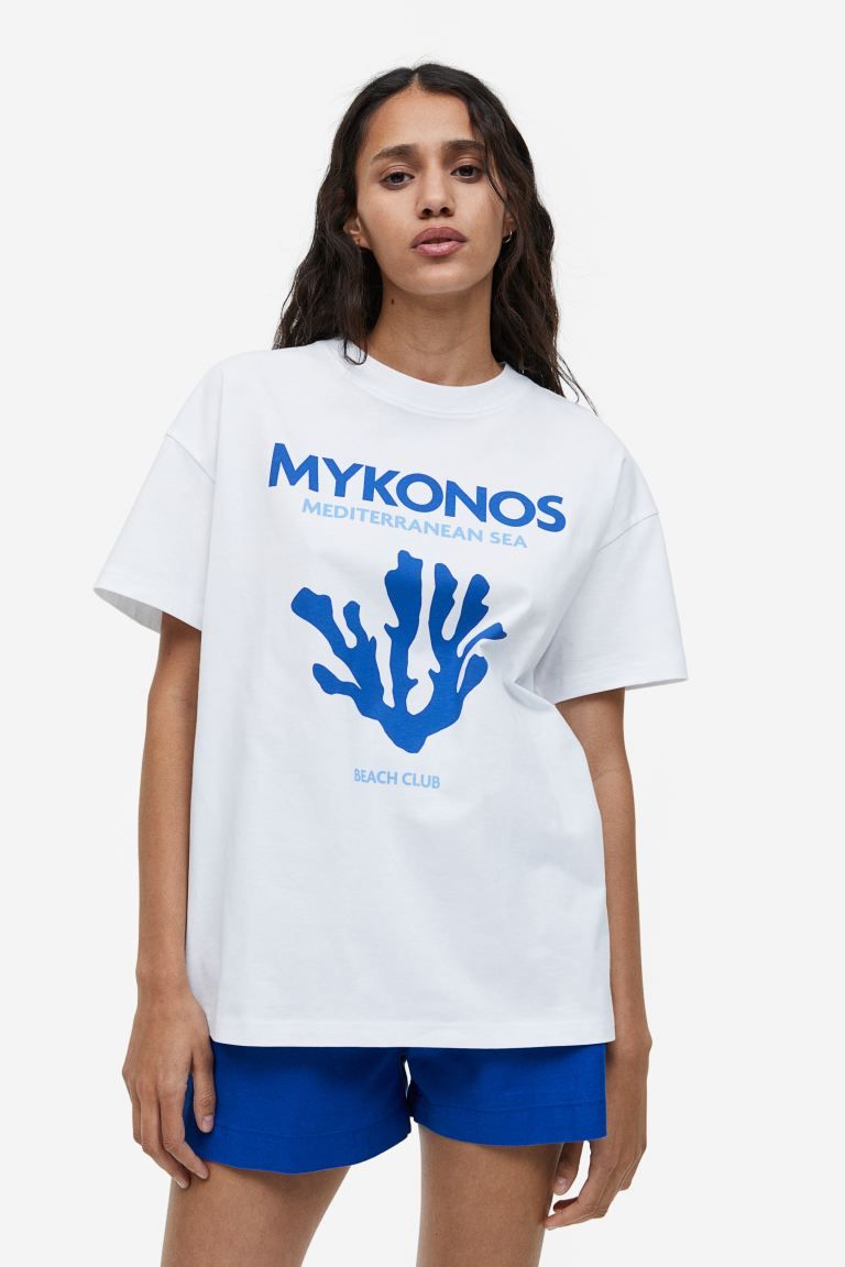 Printed T-shirt - White/Mykonos - Ladies | H&M US | H&M (US + CA)