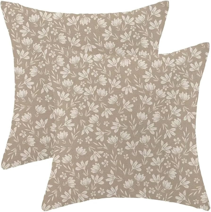 AEIOAE Tan Khaki Daisy Floral Pillow Covers 18x18 Inch Set of 2, Vintage Flowers Decorative Outdo... | Amazon (US)