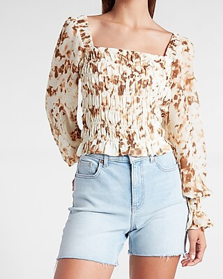 Printed Smocked Square Neck Top | Express