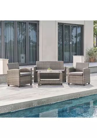 Gabrielle Resin Wicker Mixed Acacia Wood Patio Lounge Sofa Set in Grey with Cushion | Belk