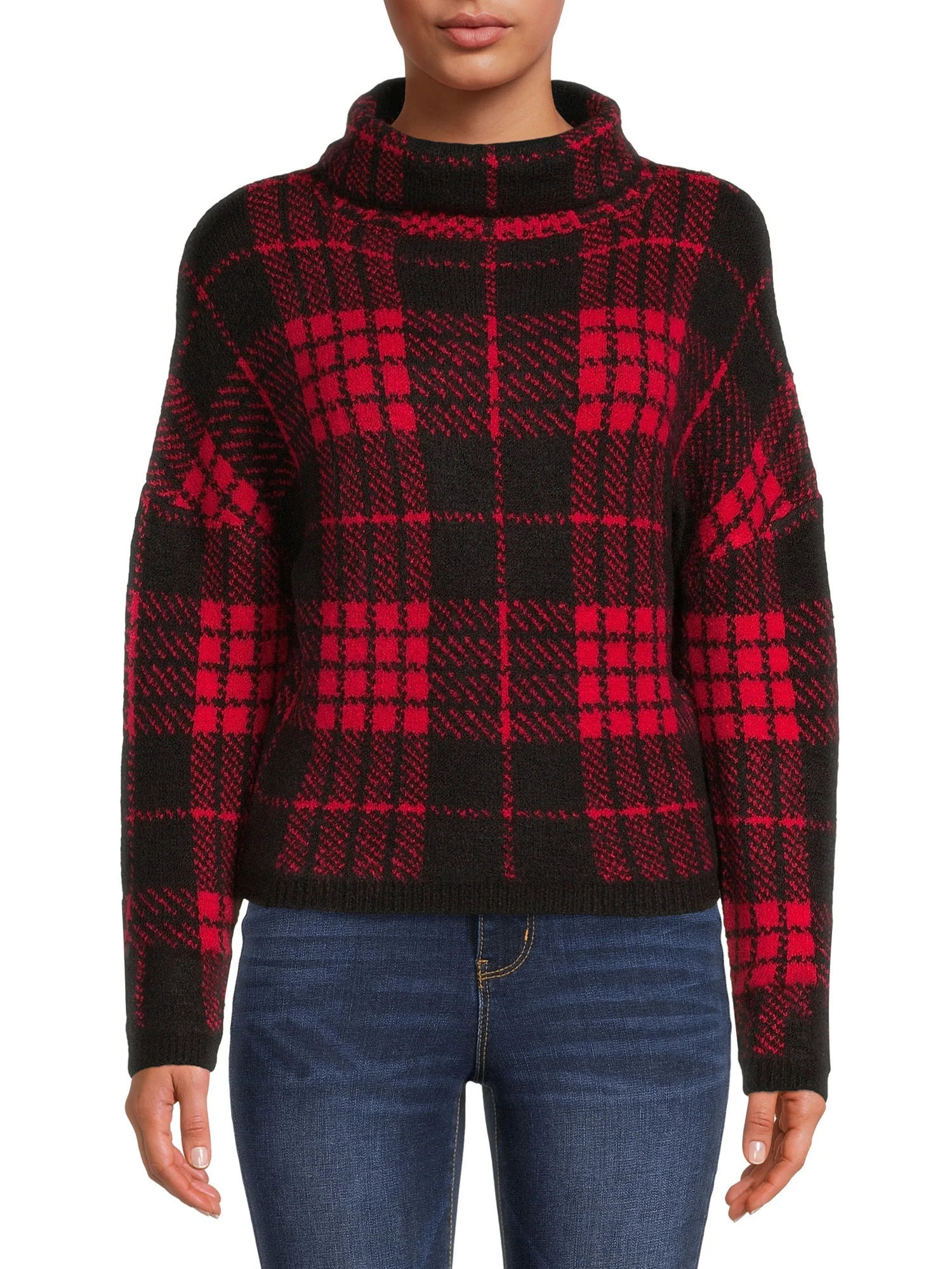No Boundaries Junior's Plaid Mock Neck Sweater - Walmart.com | Walmart (US)