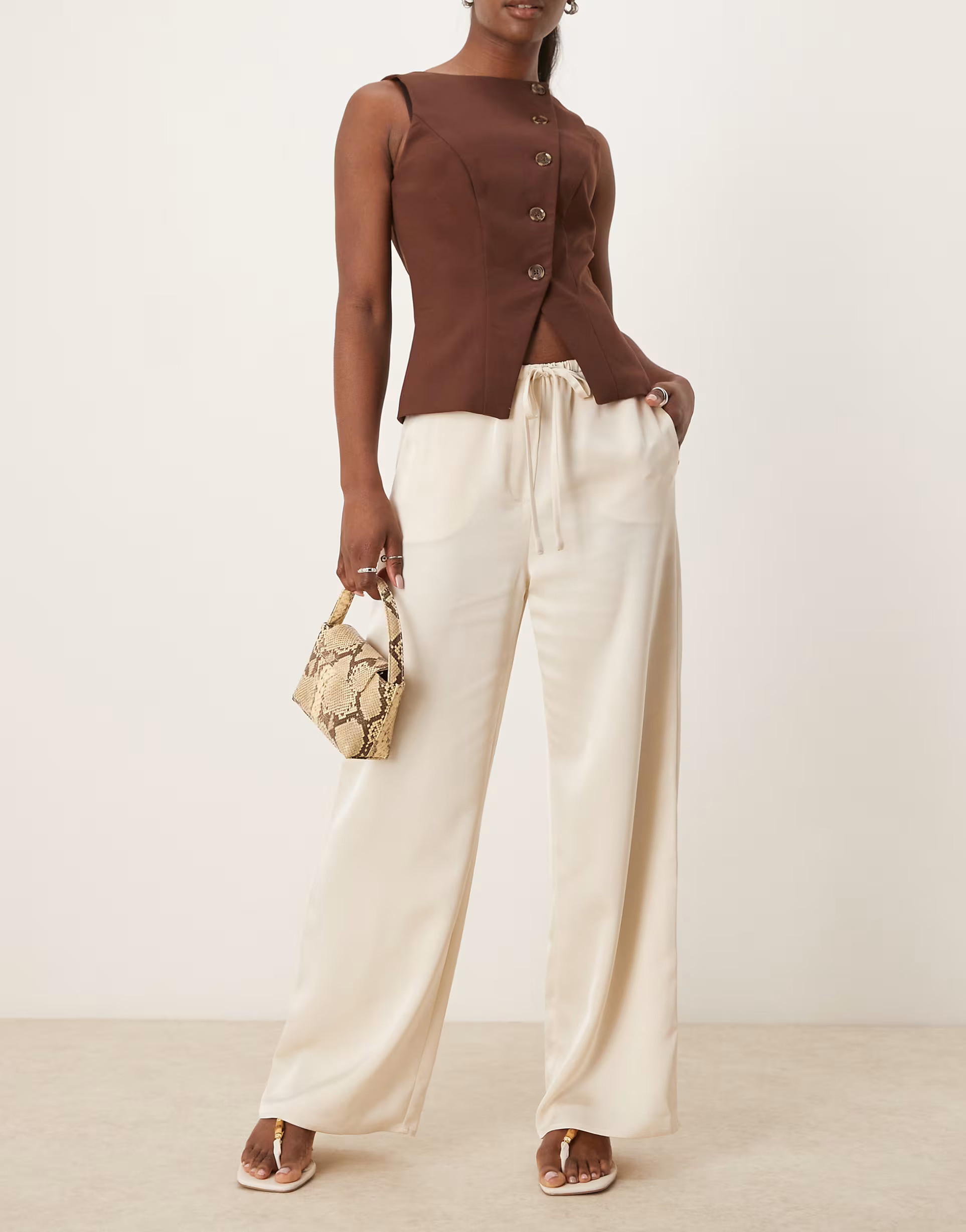 Pretty Lavish drawstring wide leg satin trouser in oyster | ASOS (Global)