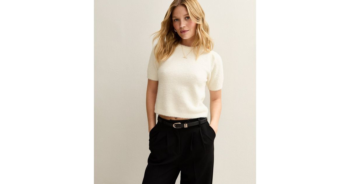 White Fluffy Knit Puff Sleeve T-Shirt | New Look | New Look (UK)