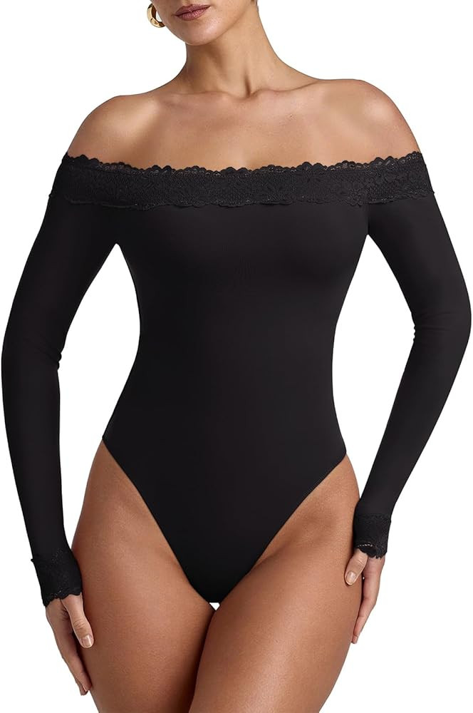 REORIA Women's Sexy Off The Shoulder Long Sleeve Bodysuit Lace Body Suits Going Out Tops Fall Out... | Amazon (US)