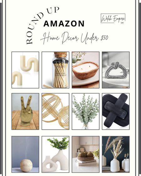 Design on a dime! Featuring 12 home decor finds! Ceramic vases, incense burner, candle, decorative matches, twist aesthetic candles, white and black wood knots, golden peace sign, wooden bowl, and modern metal geometric sculpture. #Amazon 

#LTKstyletip #LTKunder50 #LTKhome