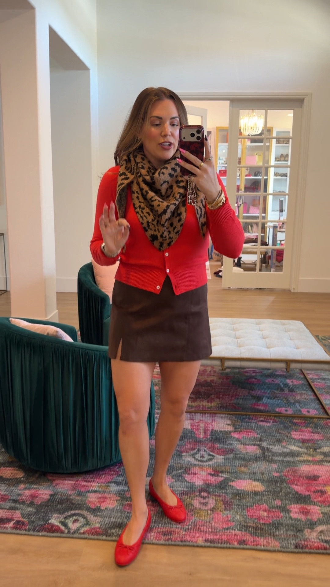 curvy midsize fall outfit! wearing size medium in cropped red cardigan and size medium in faux suede chocolate brown mini skirt 🤎 loveee the leopard triangle scarf! full outfit is 40% off

#LTKSeasonal #LTKMidsize #LTKSaleAlert