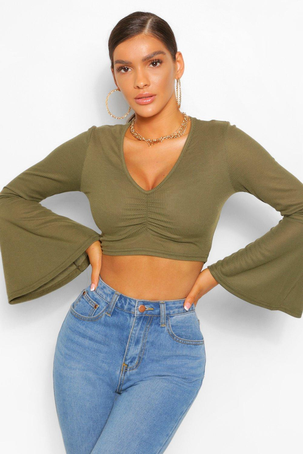 Womens Flare Sleeve Ruched Front Rib Top - Green - 8 | Boohoo.com (US & CA)