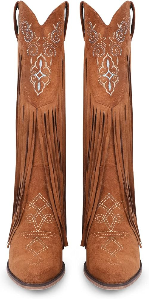 ISNOM Mid Calf Fringe Cowboy Boots for Women, with Sassy Tassel and Classic Western Embroider Des... | Amazon (US)