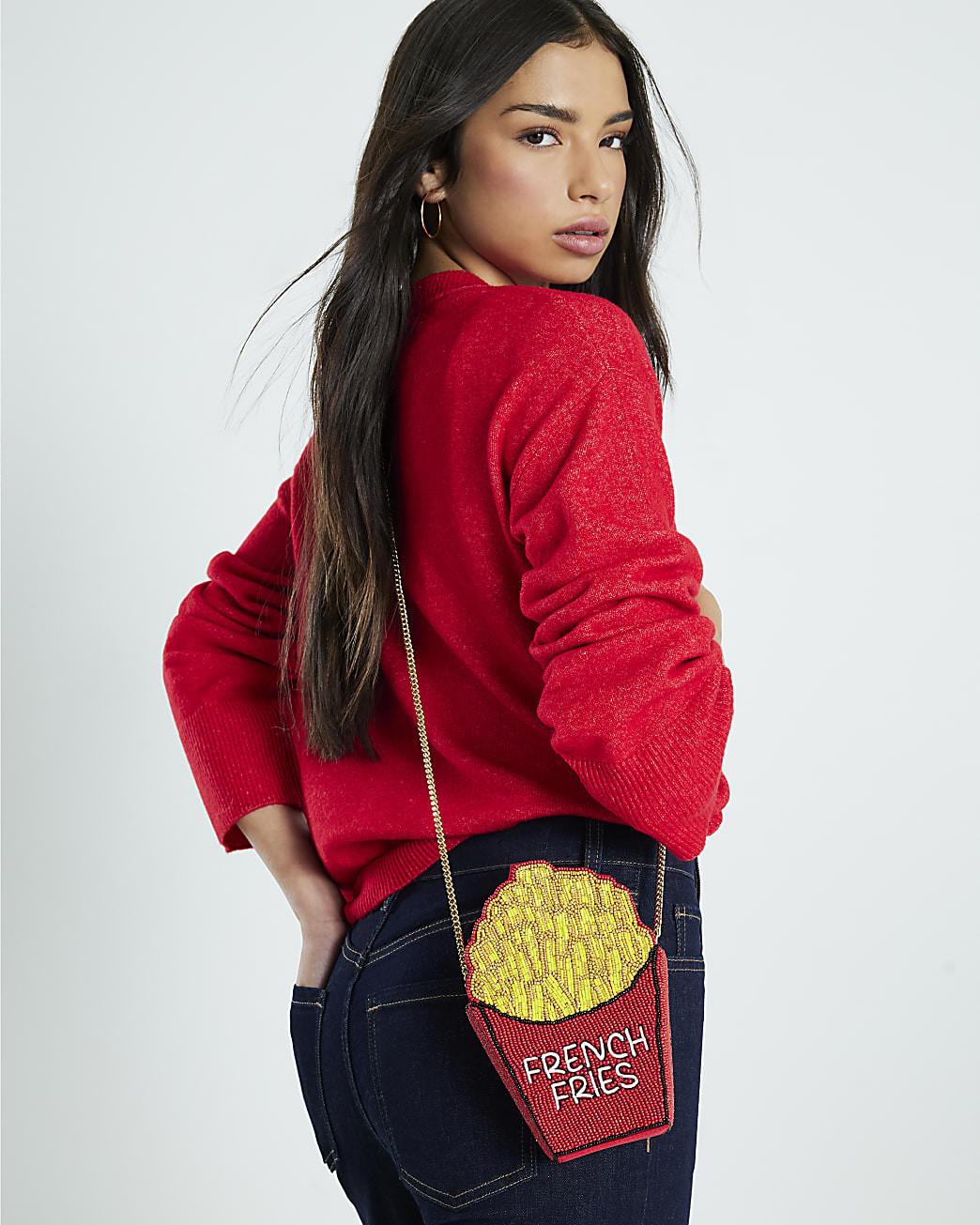 Red Beaded French Fries Cross Body Bag | River Island UK & IE