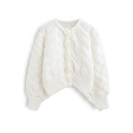 Flowers Button Down Embossed Bubble Sleeves Cardigan in White | Chicwish