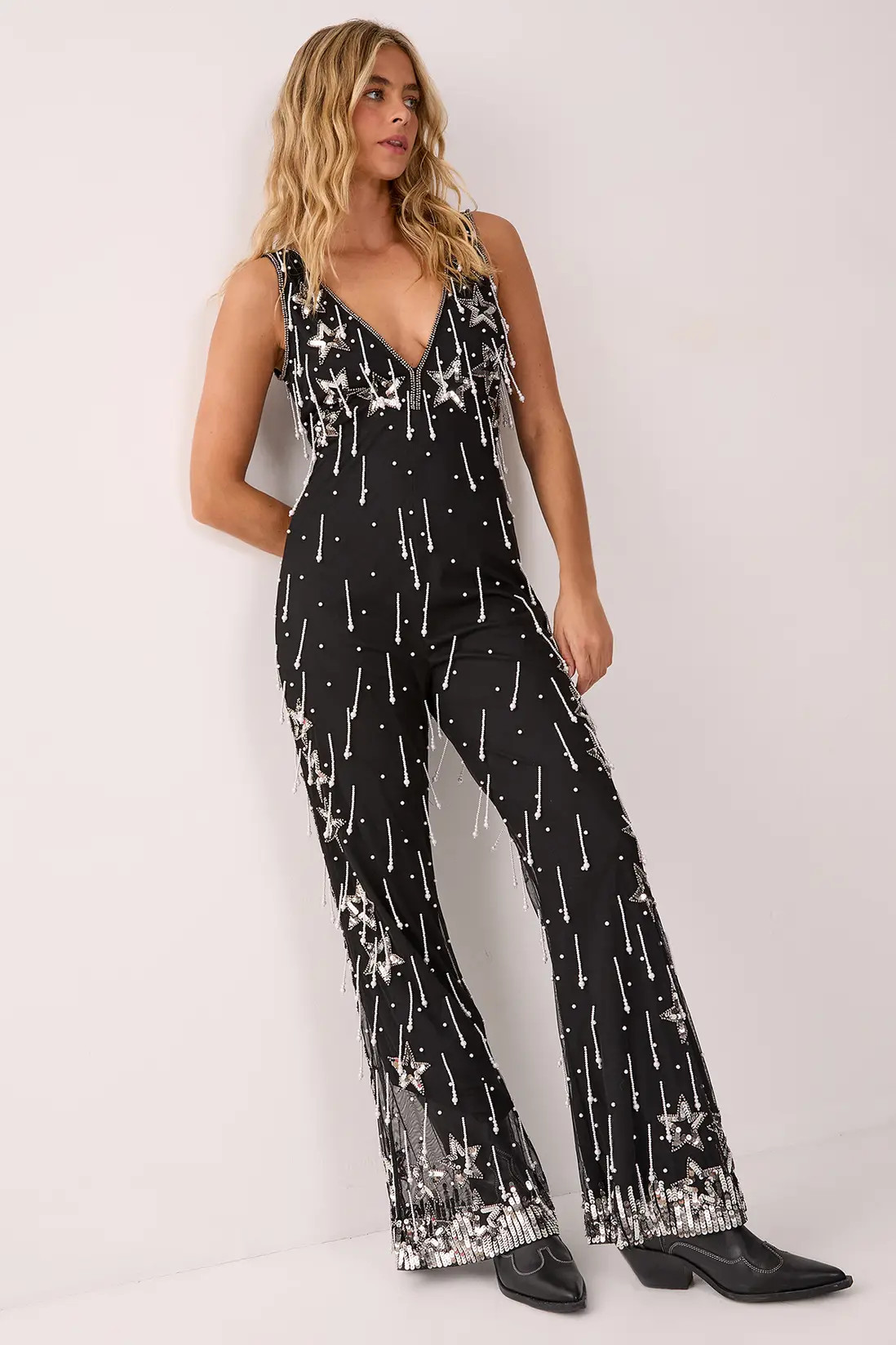 Star Sequin Pearl Droplet Plunge Jumpsuit | Nasty Gal US