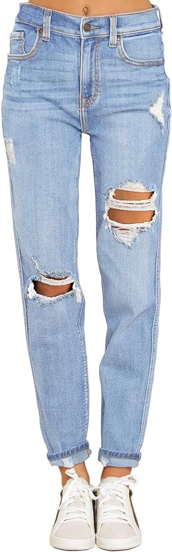 GRAPENT Women's Casual High Waisted Mom Jeans Ripped Stretchy Tapered Denim Pants | Amazon (US)