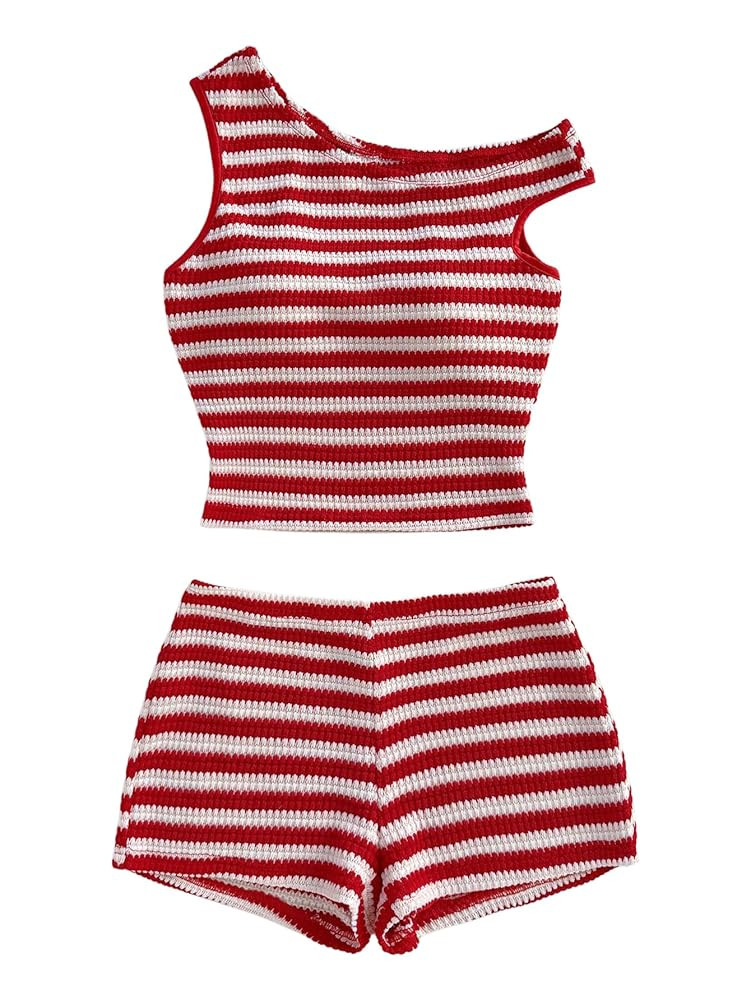 Verdusa Women's 2 Piece Striped Outfits Off The Shoulder Crop Tops and Mini Shorts Set | Amazon (US)