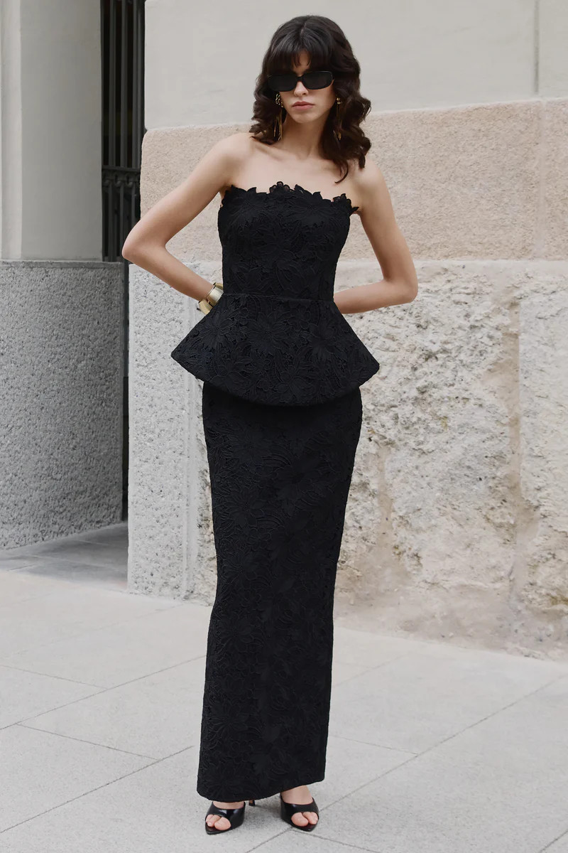 Delvine  Black Lace Bandeau Corset Maxi Dress | Club L London