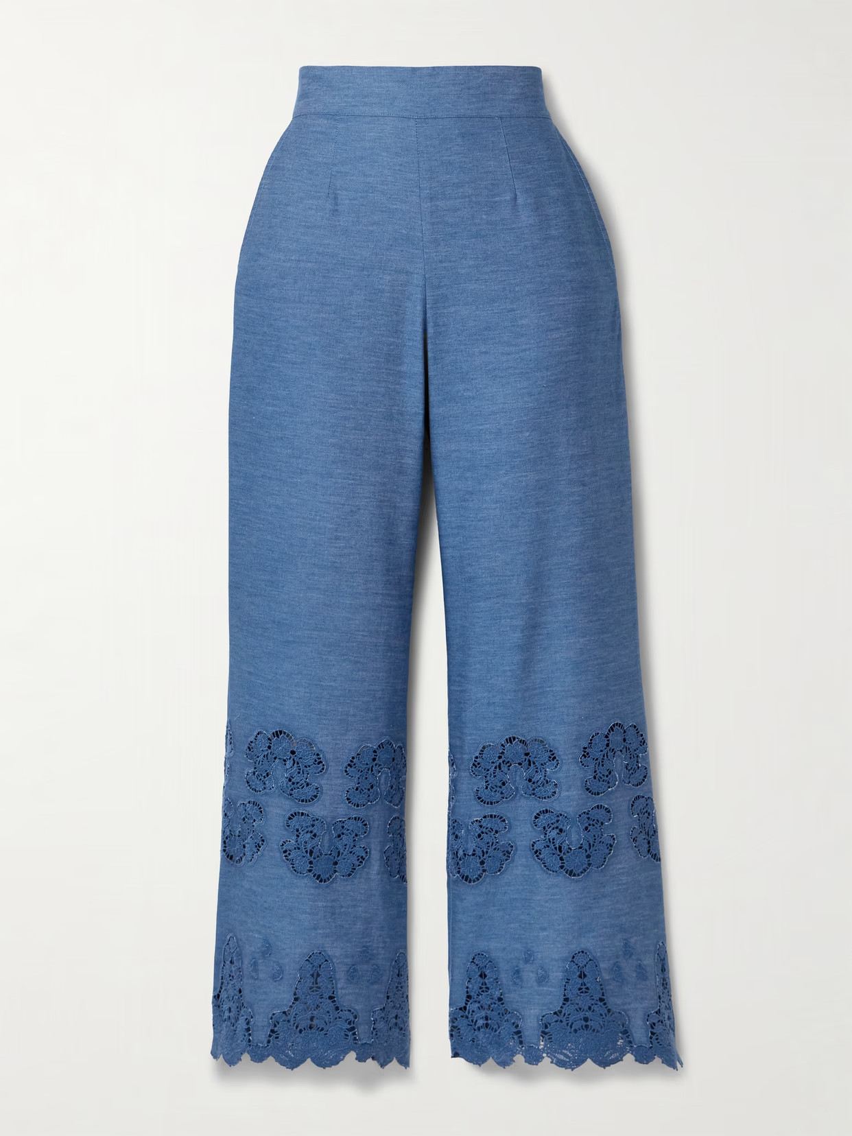 MIGUELINA - Alegra Scalloped Guipure Lace-trimmed Cotton-chambray Flared Pants - Blue | NET-A-PORTER (US)