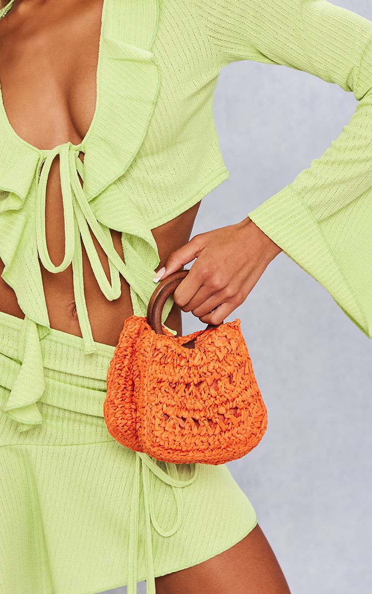Hot Orange Rounded Raffia Mini Handbag | PrettyLittleThing UK