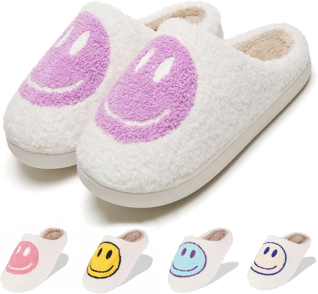 LINWIND Fuzzy Slippers for Women Men, Cute Retro Fluffy Happy Face House Slippers, Plush Memory F... | Amazon (US)