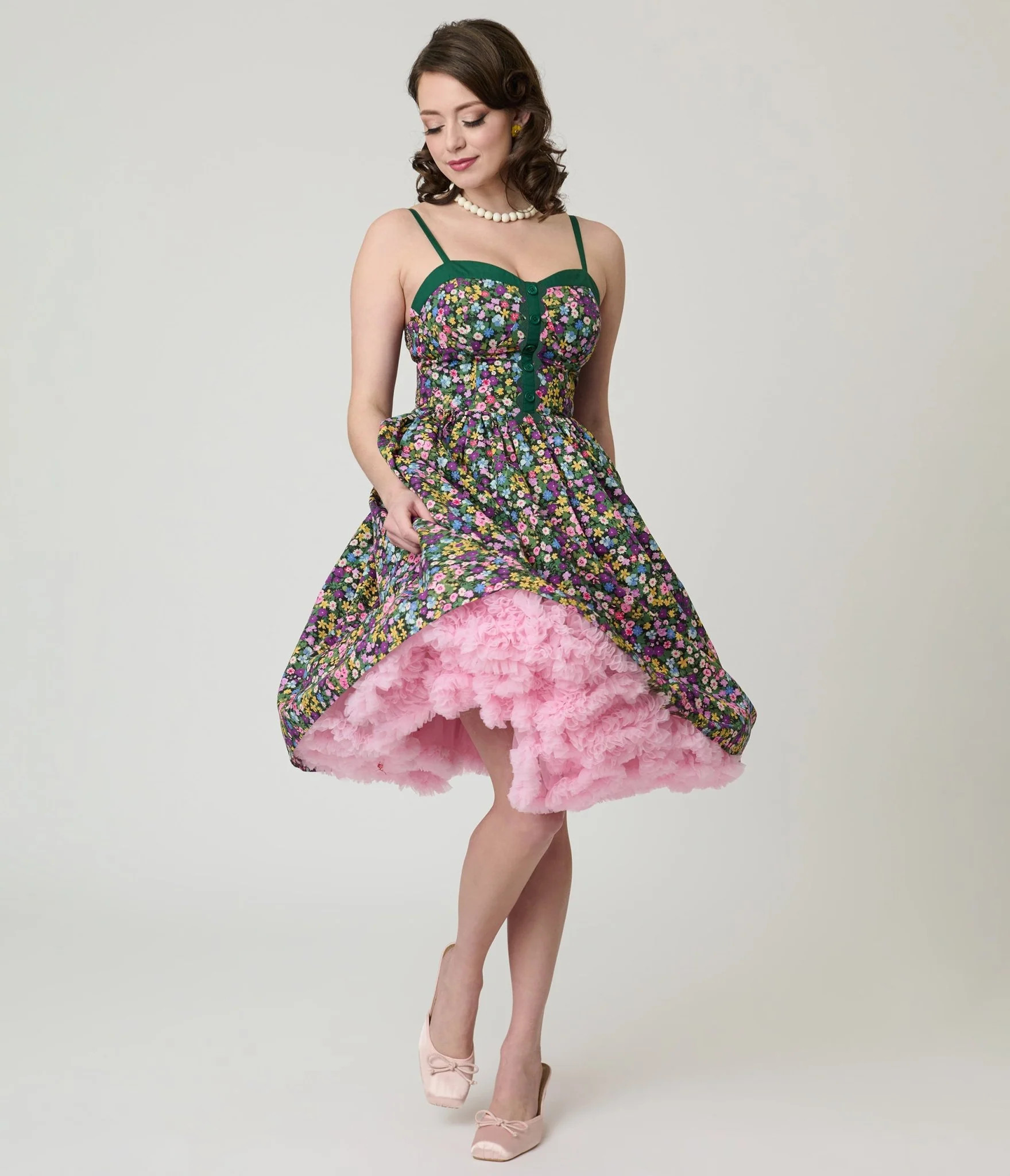 Unique Vintage Green Ditzy Floral Sweetheart Cotton Swing Dress | Unique Vintage - North America