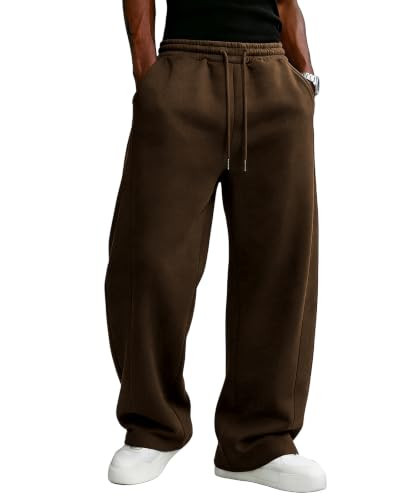 PIDO YOGA Men's Baggy Sweatpants Fleece Wide Leg Lounge Pants Drawstring Waist Loose Fit Cotton Jogging Sweat Pants with Pockets,Brown M | Amazon (US)