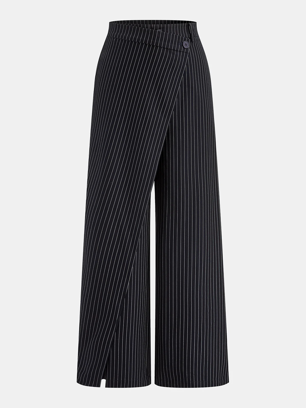 Wide-Leg Pinstriped Asymmetric Placket Pants | Commense