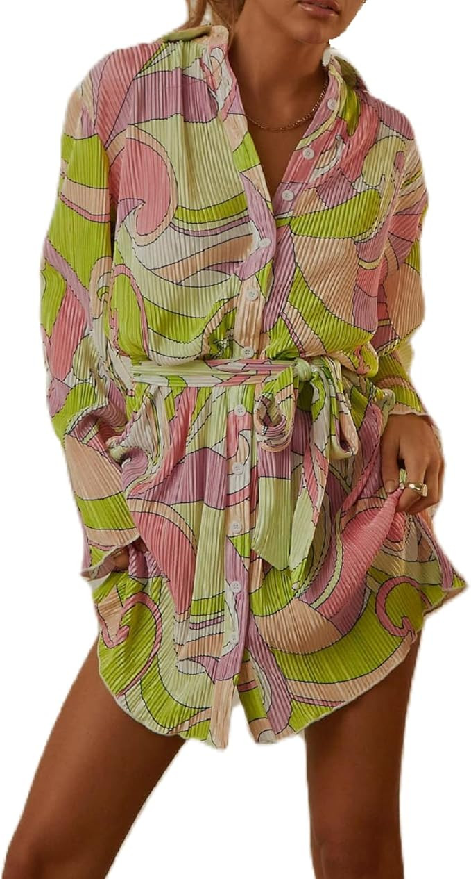 NUFIWI Women Pleated Mini Shirt Dress Long Sleeve Button Down Sexy Short Dresses Lace Up Belted T... | Amazon (US)