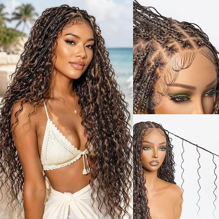 Braided Wig Veralux\u2122 Fiber Full Lace Boho Curly Water Wave Synthetic Box Braided Wigs For Bl... | Amazon (US)