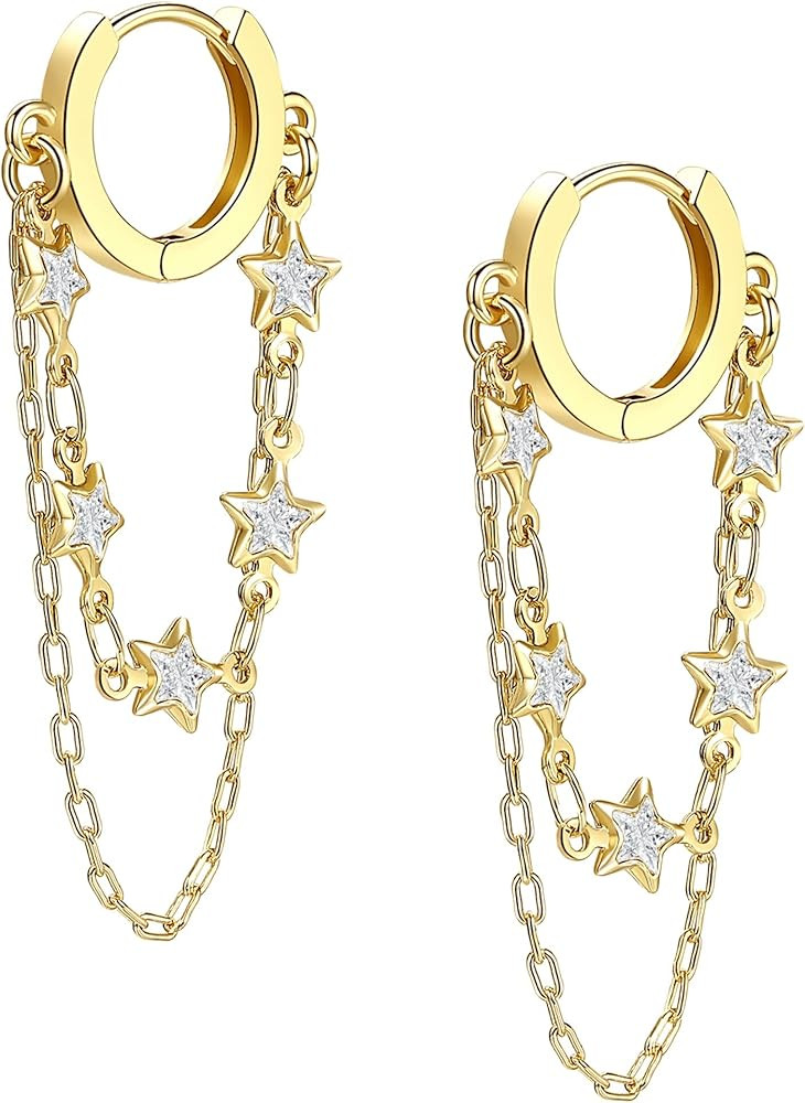 Tassel Chain Small Gold Hoop Dangle Earring For Women Huggie Earring Heart Star CZ 14K Gold Plate... | Amazon (US)