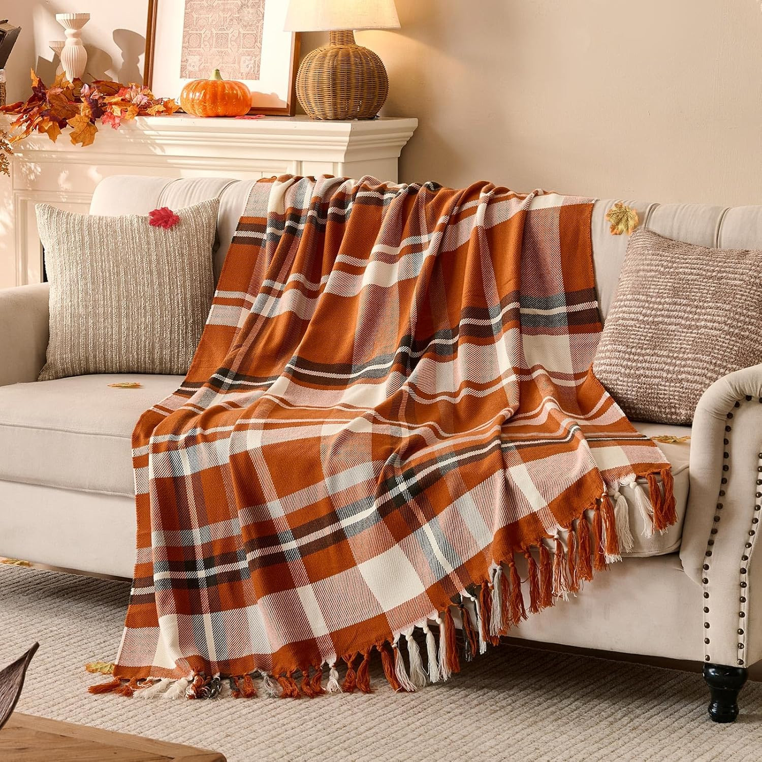 Lanpn Rust Plaid Throw Blanket, Cozy Soft Fall Fringe Blankets for Couch Sofa Bed, Lightweight Orange Checkered Throws Acrylic Cashmere Like Shawl, Autumn Farmhouse Thanksgiving Home Decor Gift, 50x60 | Amazon (US)