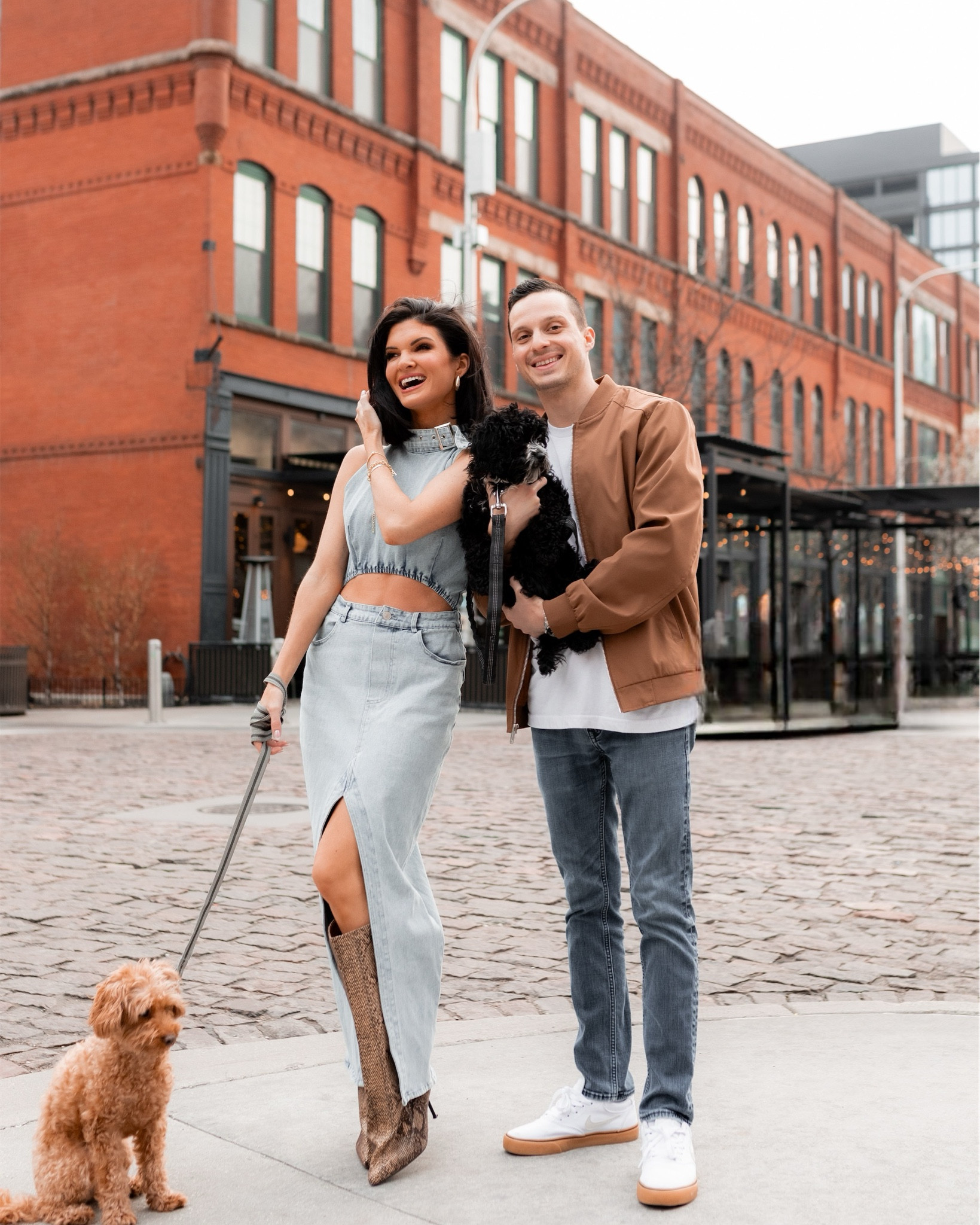Family photo looks for transitional spring ✨💐 long denim dress with snake skin boots and men’s bomber jacket 