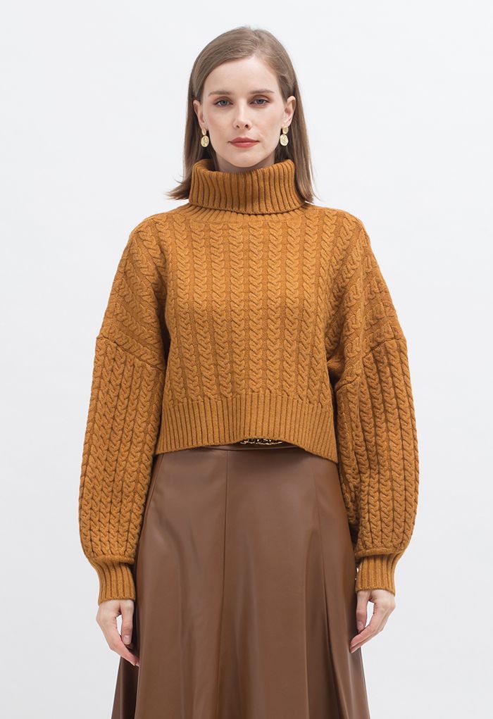 Turtleneck Cable Knit Cropped Sweater in Orange | Chicwish