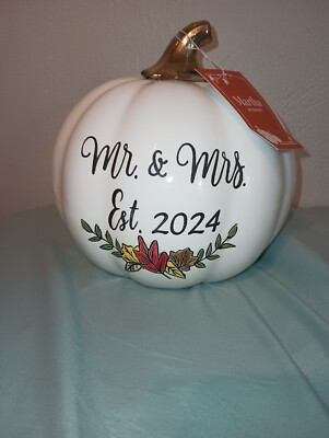 Mr & Mrs Est 2024 Martha Stewart Ceramic Pumpkin with Gold Stem Fall Leaves  | eBay | eBay US