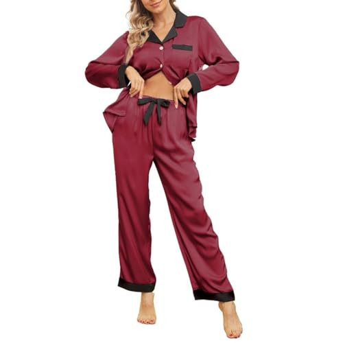 U2SKIIN Womens Satin Pajama Set, Button Down Silk Pajamas for Women Long Sleeve Pjs Set 2 Piece Sleepwear(Burgundy+Black, XL) | Amazon (US)