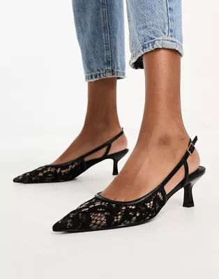› ASOS DESIGN Strut slingback mid heeled shoes in black lace | ASOS (Global)