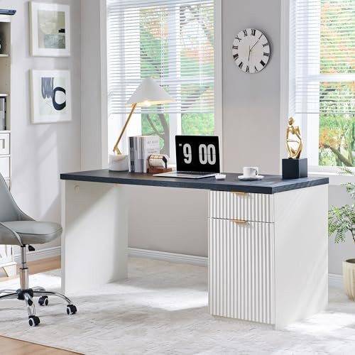 60" Fluted Home Office Desk, Reversible Left‑Right Cabinet, Built‑in Outlet | Amazon (US)