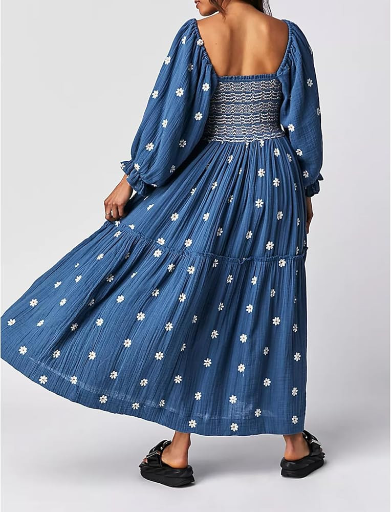 Women Floral Embroidered Maxi Dress Long Puff Sleeve Square Neck Bohemian Flowy Dress with Pocket... | Amazon (US)