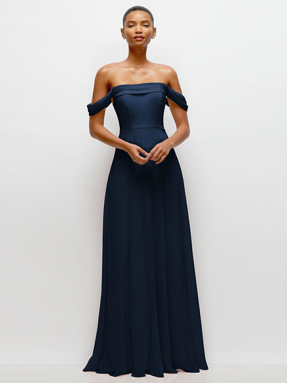 Off-the-Shoulder Draped Neckline Maxi Dress in Midnight Navy | The Dessy Group