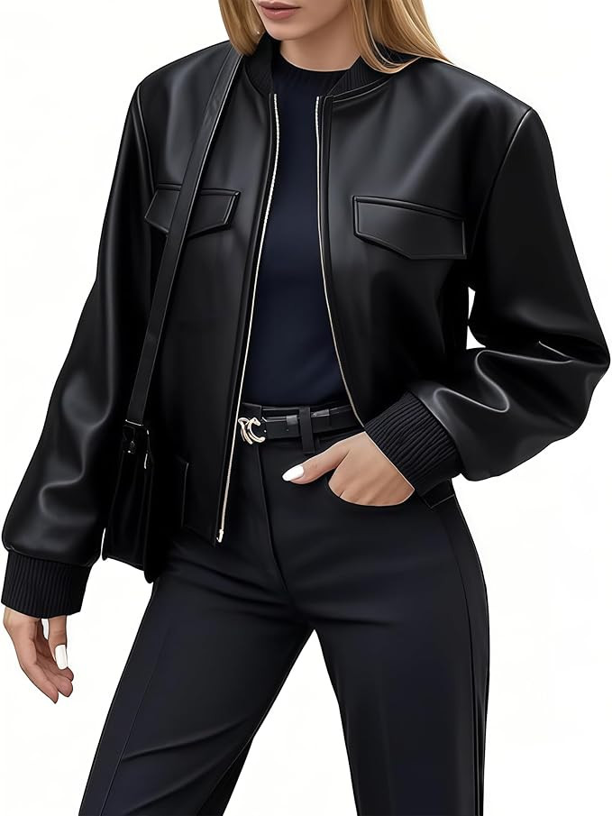 Women Leather Jacket Faux Cropped Bomber Coat Cute Short for Casual Vacation Travel College Going... | Amazon (US)