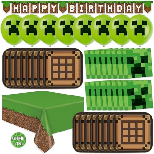 Minecraft Birthday Decorations - Serves 16 | Party Supplies: Minecraft Balloons, Birthday Banner, Plates, Tablecover, Napkins, Stickers | Amazon (US)