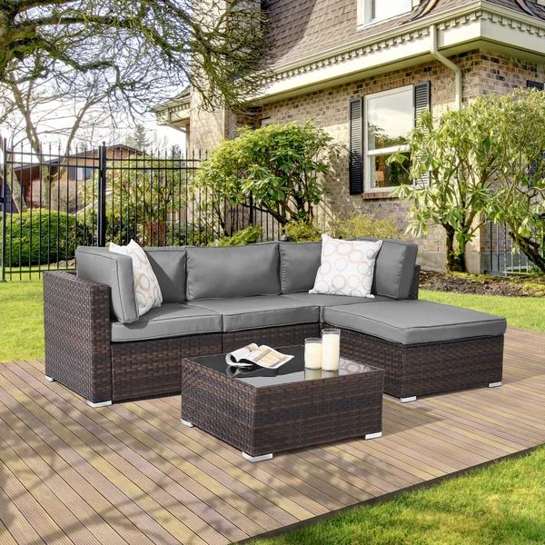 Adidev 5 Piece Rattan Sectional Seating Group with Cushions | Wayfair Professional