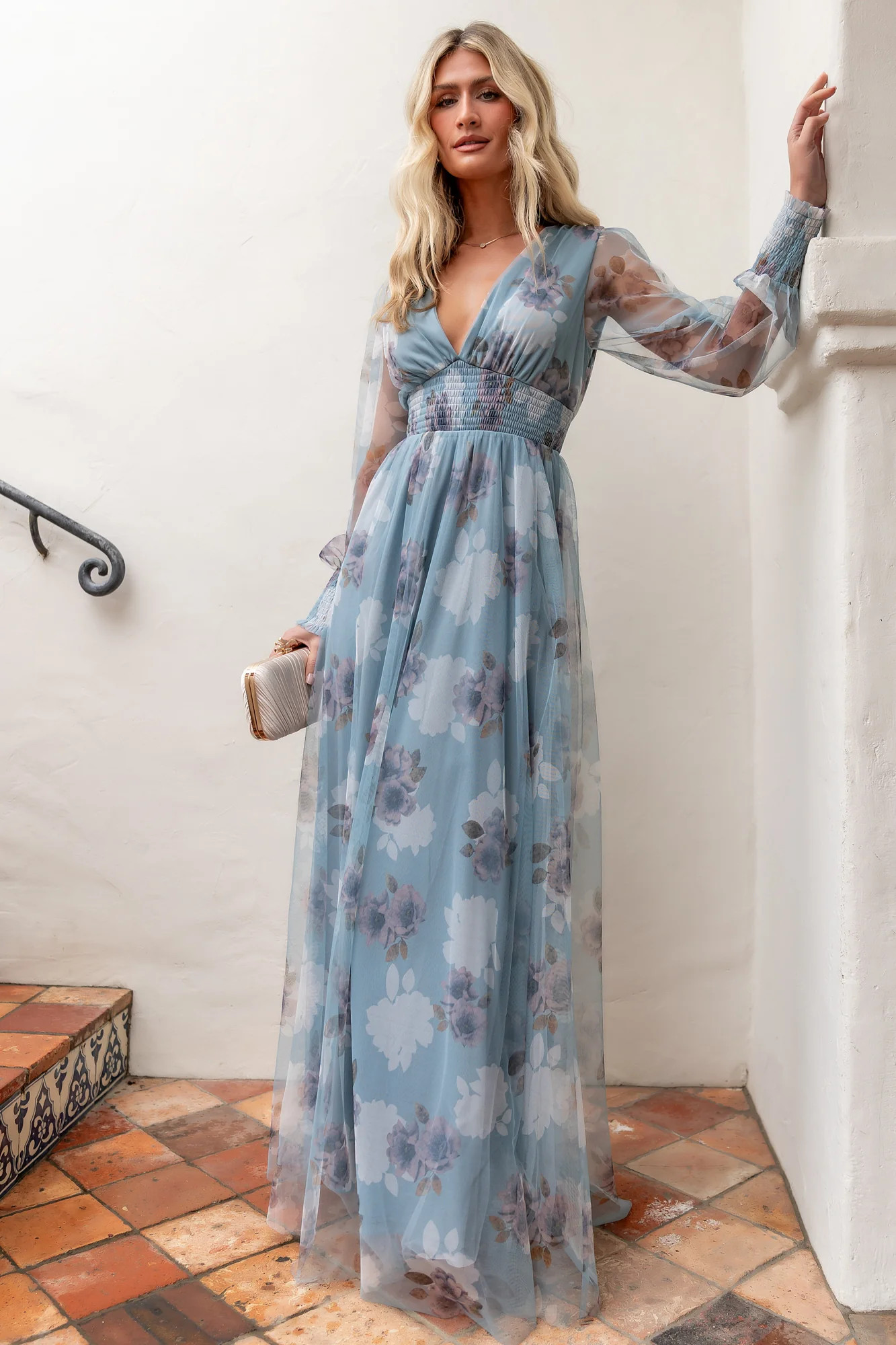 Layla Tulle Maxi Dress | Light Blue Floral | Baltic Born