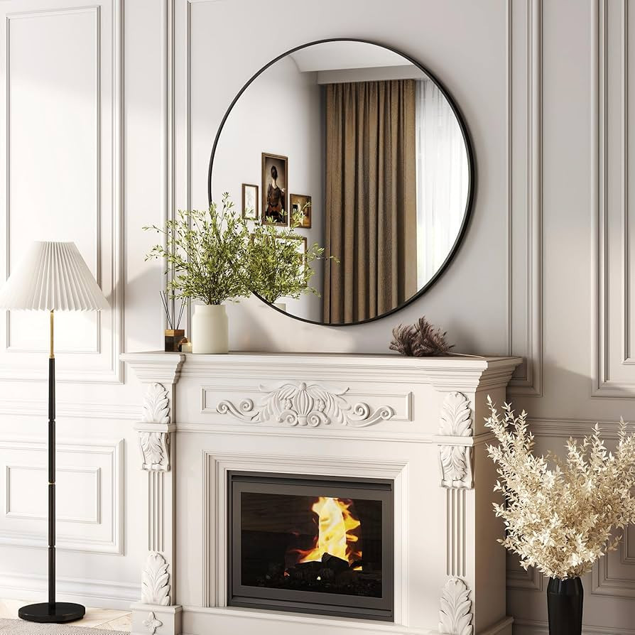 36 Inch Round Bathroom Mirror - Black Wall Mounted Circle Mirror with Metal Frame, Modern Round H... | Amazon (US)