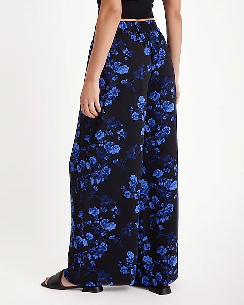 High Waisted Satin Floral Pull On Wide Leg Pant | Express