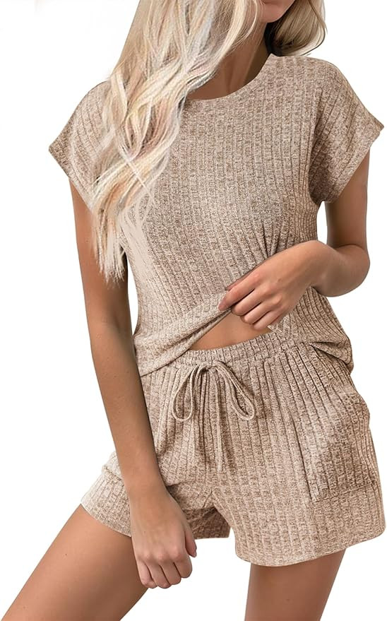 Ekouaer Pajamas for Women Ribbed Knit Lounge Set Cap Sleeve Top and Shorts Loungewear Sleepwear w... | Amazon (US)