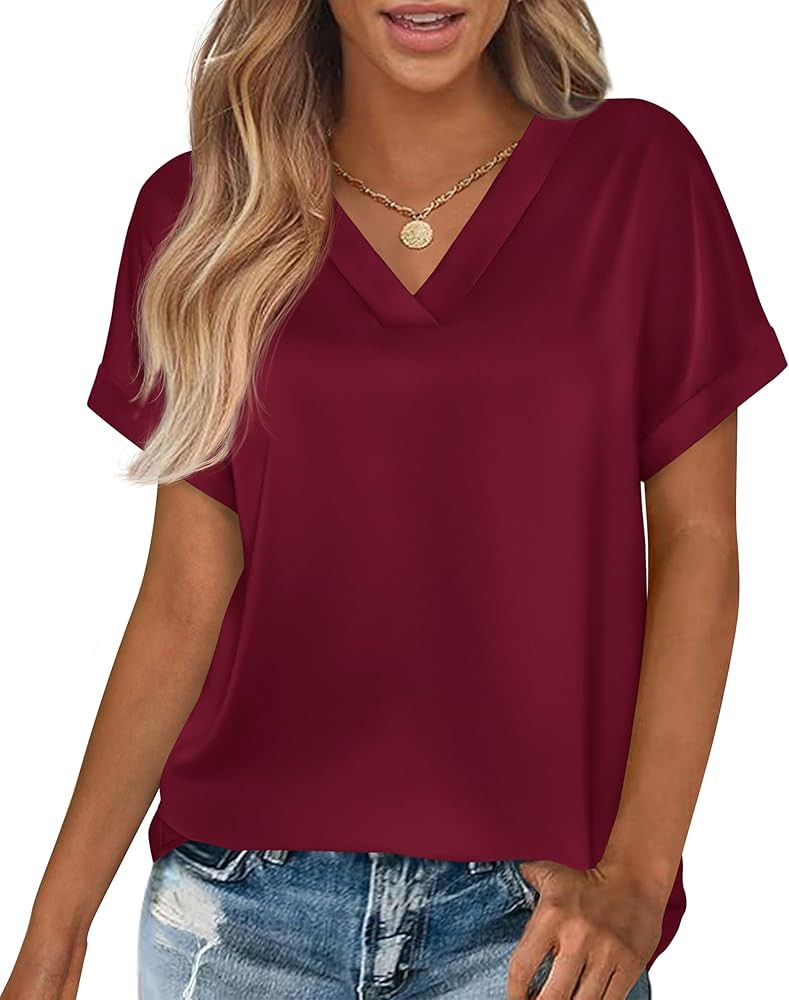 MASCOMODA Womens V Neck Silk Satin Tops Dressy Short Sleeve Work Blouses Spring Summer Loose T Sh... | Amazon (US)