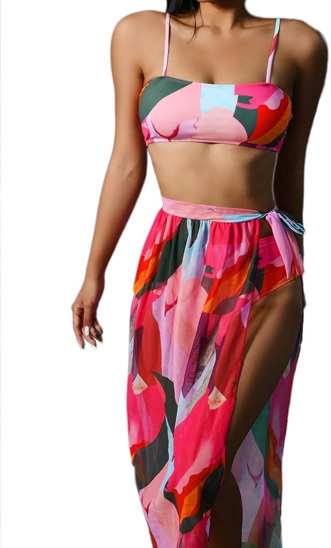 SheIn Women's 3 Pieces Graphic Bikini Swimsuit and Swimwear Cover Up Beach Skirt | Amazon (US)