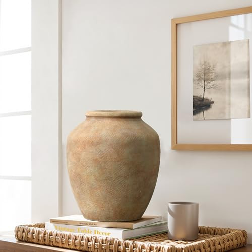 LuxenHome Rustic Ceramic Vase, 10.4" Tall Terracotta Vases with Earthy Brown Tones, Farmhouse Flower Vase for Shelf Living Room Decor, Vintage Pottery for Entry Way Table Home Decor | Amazon (US)